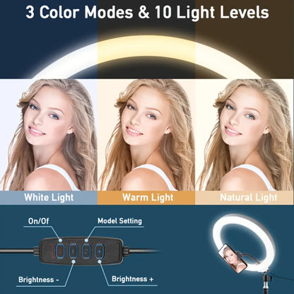 Desk Stand Ring Light 10/18 Inch LED Phone Fill Light 3 Color Temperatures Dimmable for Live Streaming Video Shooting Selfie Makeup Photography TikTok YouTube