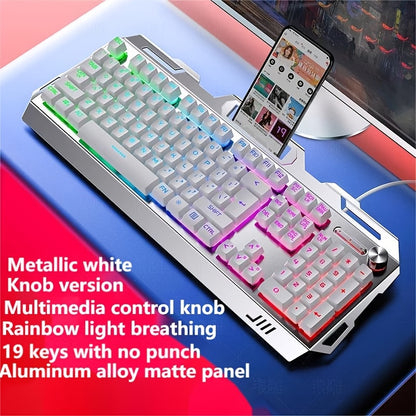 Gaming Keyboard Wired 104 Keys Full Metal Panel – LED Color Backlight, Multimedia Knob, Faux Mechanical Feel, USB, Ergonomic Design with Phone Holder | Keyboard or Keyboard & Mouse Combo