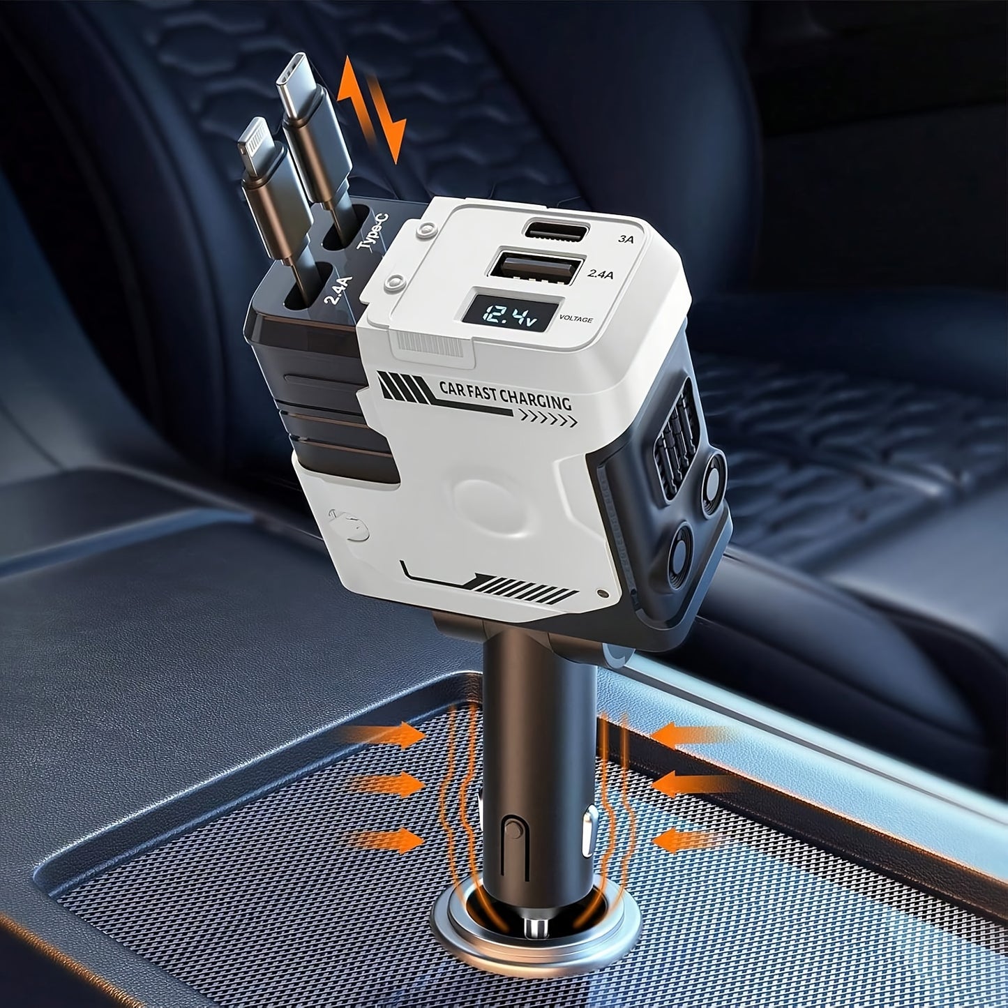 120W Fast Car Charger 4-in-1 with Retractable PD 3.0 Type-C Cable & Multi-Port USB Adapter – Short Circuit & Overheat Protection for iPhone Samsung Galaxy S25 Ultra Huawei Android, 4 Colors Available