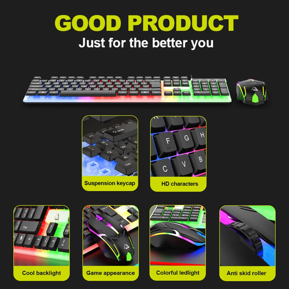 Rainbow RGB Gaming Keyboard and Mouse Combo GT100 – 104 Keys Full-Size Mechanical Cyan Axis Wired Set, Vibrant LED Backlit for PC, Laptop, Mac, Windows & Linux | 50M Keystroke Durability | Black & White