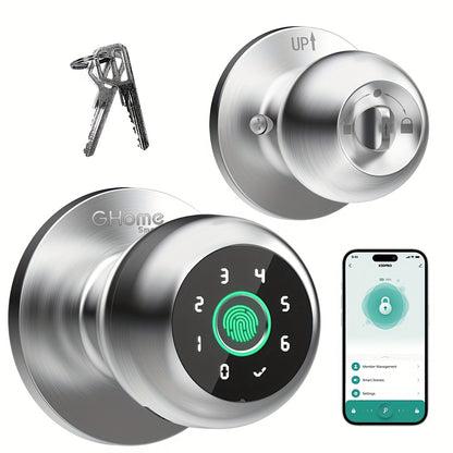 GHome Smart Lock Knob with Fingerprint & Keypad - USB-C Rechargeable, App-Controlled Keyless Entry, Auto-Lock, Passage & Privacy Mode, K10 / K10 PRO / K20 / KD03 PRO, for Home Bedroom Office