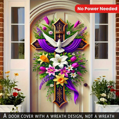 Easter Door Curtain Decoration 35.4x70.8 Inch, Colorful Spring Door Hanging with Dove Floral Cross Pattern, Polyester 2D Flat No-Power Door Curtain Set for Entrance Room Home Party Easter Decor