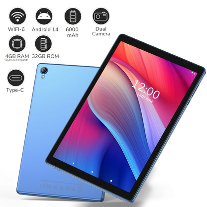 Android 14 Tablet 10 Inch 6000mAh Battery 4GB RAM 32GB ROM Quad-Core HD IPS Screen WiFi Google Play Front Rear Camera Blue Pink Gray Purple with Protective Case