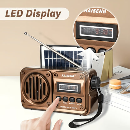 FM Portable Radio R-49BTS Retro Solar Panel Bluetooth Speaker, USB TF Card Playback, Loud Digital Radio for Indoor Outdoor Travel Emergency Camping, Independence Day Gift