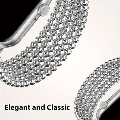 Stainless Steel Beaded Apple Watch Band Handmade Elastic Stretch Bracelet No-Buckle Slip-On Strap for Series 1-11 SE Ultra 38mm 40mm 41mm 42mm 44mm 45mm 46mm Women Girls Silver Rose Gold Silvery Grey