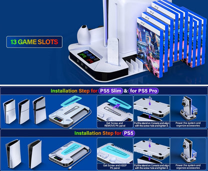 PS5 Pro Slim Cooling Station with Controller Charging Station for PS5/Slim/Pro Standard & Disc/Digital Console, Stand Cooler Accessories with Cooling Fan, 3 USB Hubs, Headset Holder & Screw Included