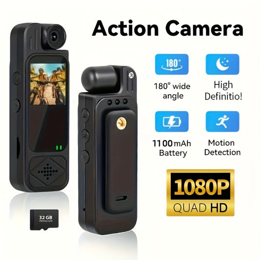 1080P Body Camera 180° Rotating Lens Portable Handheld Camcorder, USB Rechargeable, Compact Video Recorder for Vlogging Travel Meetings Celebrations, Gift for Kids Adults