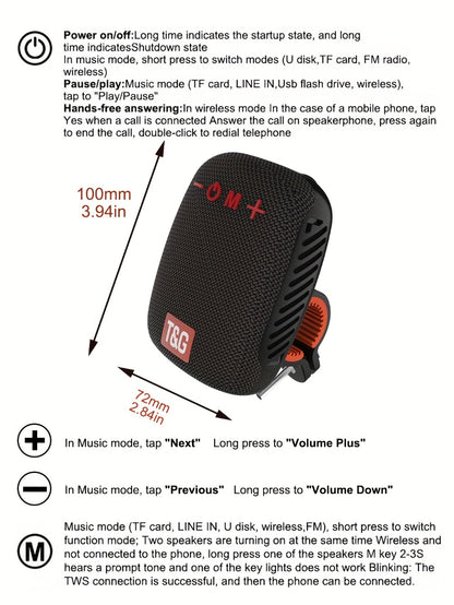 T&G 392 IPX5 Waterproof Cycling Bluetooth Speaker – Compact Outdoor Wireless Speaker with TWS Stereo, FM Radio, TF Card & USB Drive Support, Type-C Charging, Compatible with Phone & Tablet