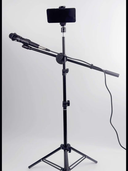 Adjustable Tripod Microphone Stand with Boom Arm Floor Mount Metal Mic Stand Dual Mic Clips Phone Holder for Live Performance Wedding Stage Karaoke Streaming