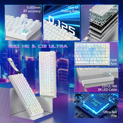 Hall Effect Mechanical Gaming Keyboard Attack Shark R82HE 80% – 0.005mm Rapid Trigger, 8000Hz Polling Rate, Hot Swap, PBT Keycaps, 5-Layer Sound Isolation, RGB, DKS, Snap Tap for PC & Mac | White & Pink