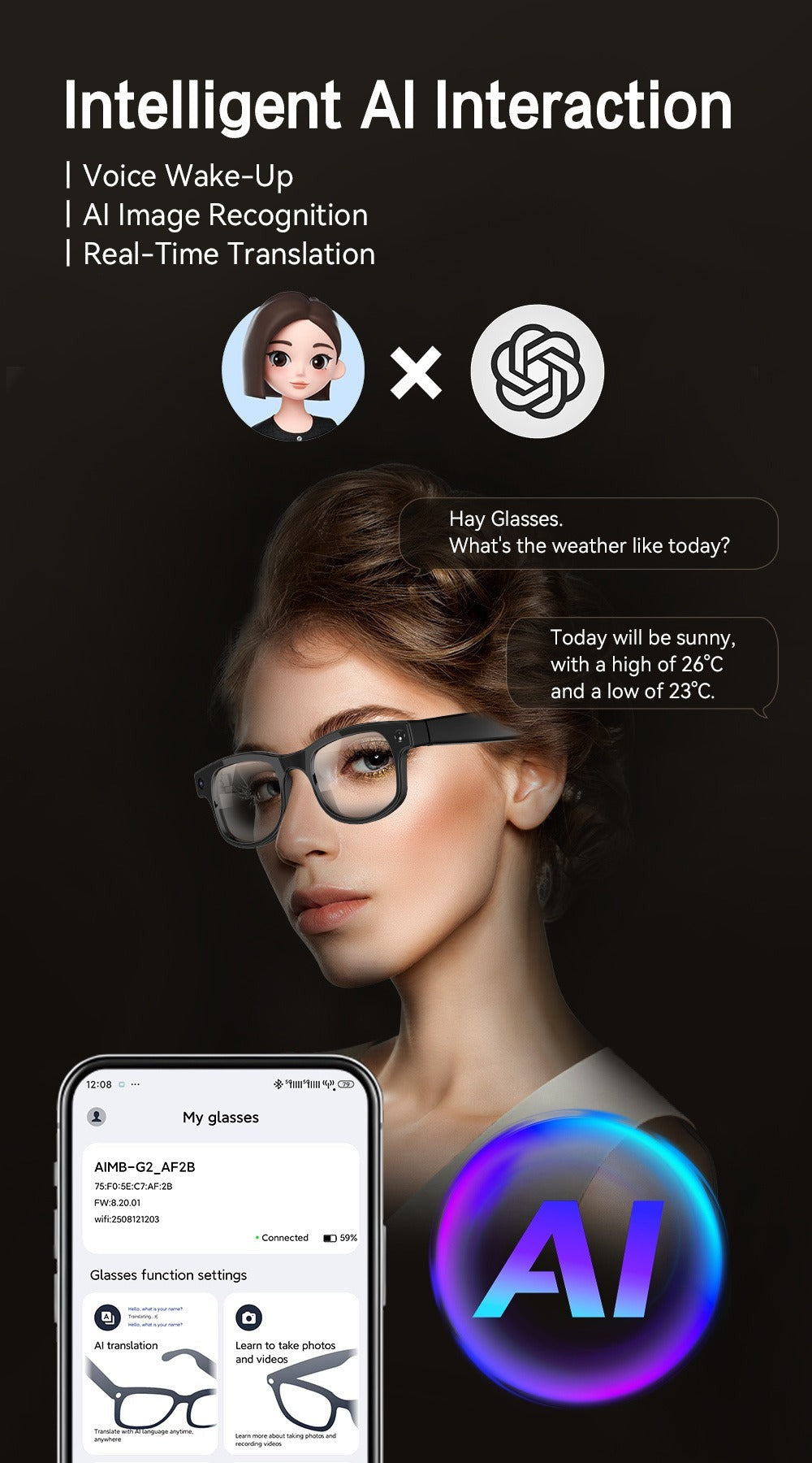 AI Smart Glasses HD Video Recording 8MP Camera - AI Object Recognition, Real-Time Translation, Touch Control, Bluetooth Calls & Music, Wearable Tech for Travel Outdoor 2026