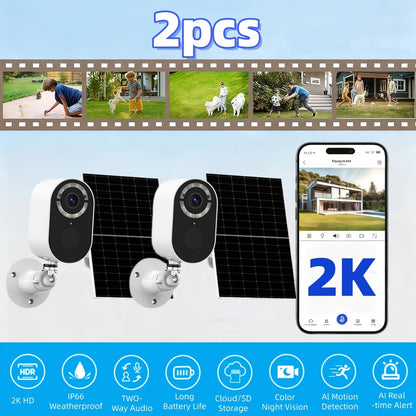 2K Solar Security Camera Outdoor Waterproof with Human Figure Alarm, Color Night Vision, 2-Way Audio, Low-Power WiFi Monitoring – Indoor Outdoor Pet Baby Surveillance Camera, 2.4G Wi-Fi
