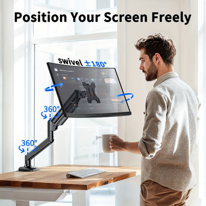 Aluminum Alloy Gas Spring Monitor Arm 19.8 lbs, Full Motion Swivel Tilt Rotate, Ergonomic Desk Mount for 13-32 Inch Screens, C-Clamp & Grommet Base, Space-Saving Home Office Stand