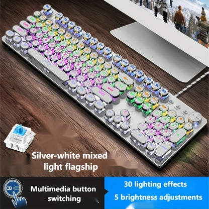 Cyberpunk Retro Typewriter Mechanical Keyboard 104 Keys Full-Size with Multi-Function Knob Backlit Round Keys Ergonomic Spill-Proof USB Wired for Desktop Laptop Windows Mac Gaming Typing