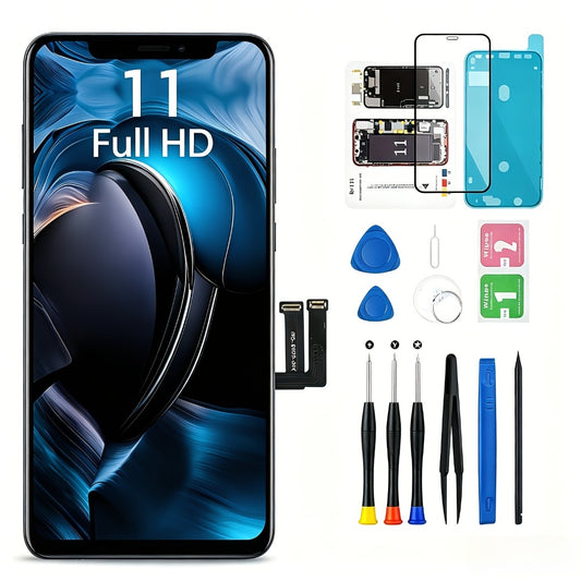 iPhone 11 Screen Replacement Kit LCD Touch Digitizer Assembly 6.1 Inch – DIY Repair Set with Tools Magnetic Screw Mat Tempered Glass Frame Adhesive, Black Display A2111 A2221 A2223 Face ID Compatible