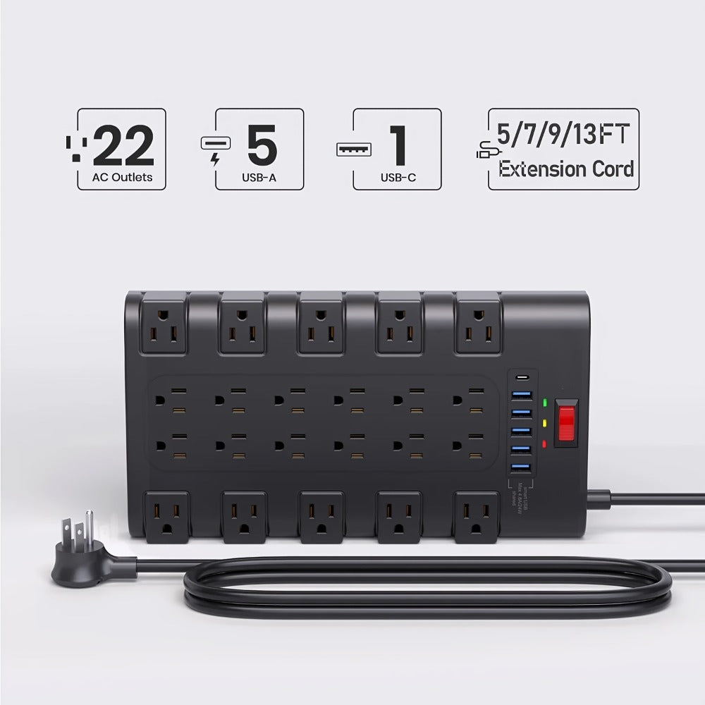 Gaming Room Surge Protector Power Strip 28-in-1 with 22 AC Outlets 6 USB Ports 24W 2100 Joules 1875W 15A Flat Plug Wall Mount Switch 5 7 13ft Extension Cord for Home Office Dorm Gaming Setup – Black