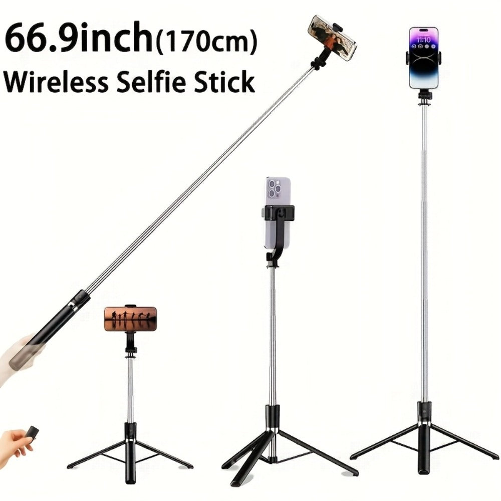 Floor Standing Phone Tripod 68 Inch with Built-In Selfie Stick Arm Anti-Shake Base 360° Rotation & Bluetooth Wireless Remote – Retractable Portable Stand for Travel Vlogging Live Streaming iPhone Android