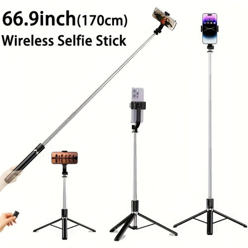 Floor Standing Phone Tripod 68 Inch with Built-In Selfie Stick Arm Anti-Shake Base 360° Rotation & Bluetooth Wireless Remote – Retractable Portable Stand for Travel Vlogging Live Streaming iPhone Android