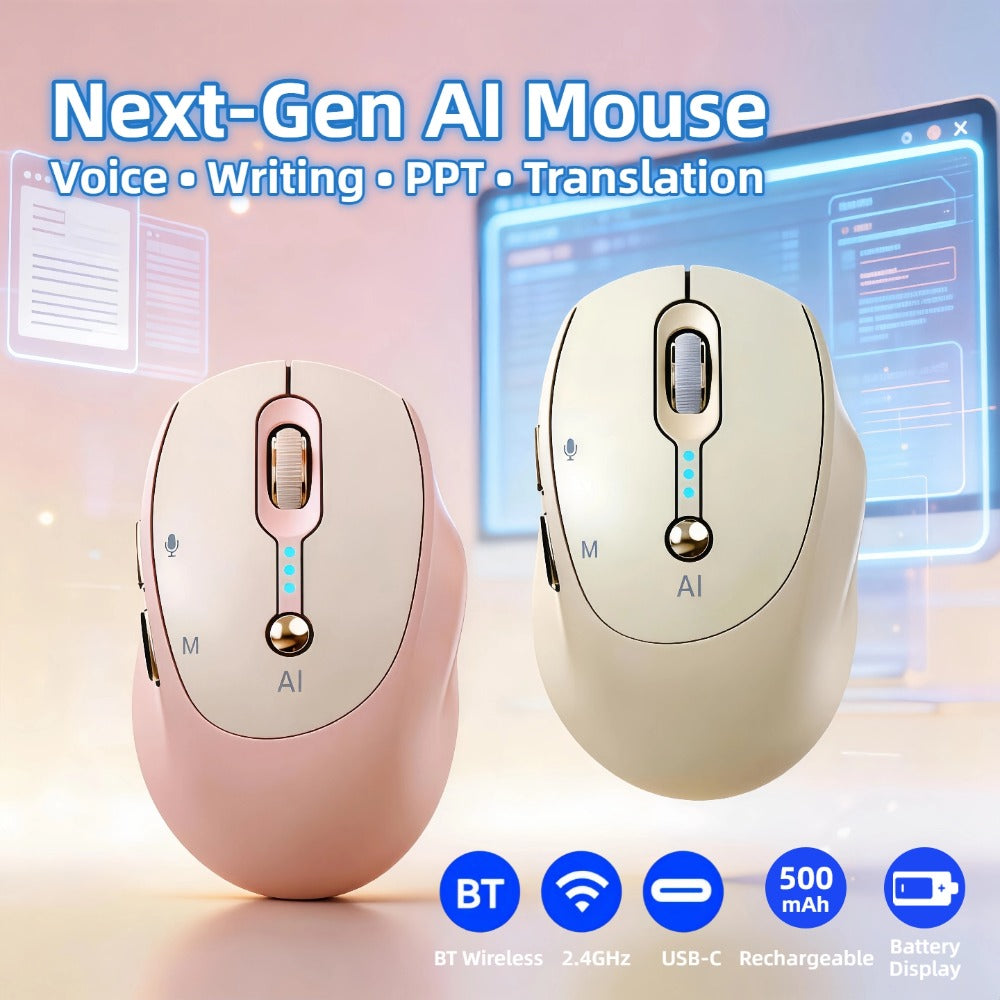 AI Smart Wireless Mouse with Voice-to-Text Real-Time Translation AI Writing PPT Creation Silent BT+2.4G Dual Mode Rechargeable Battery Display Portable for PC Laptop Tablet (T-WOLF)