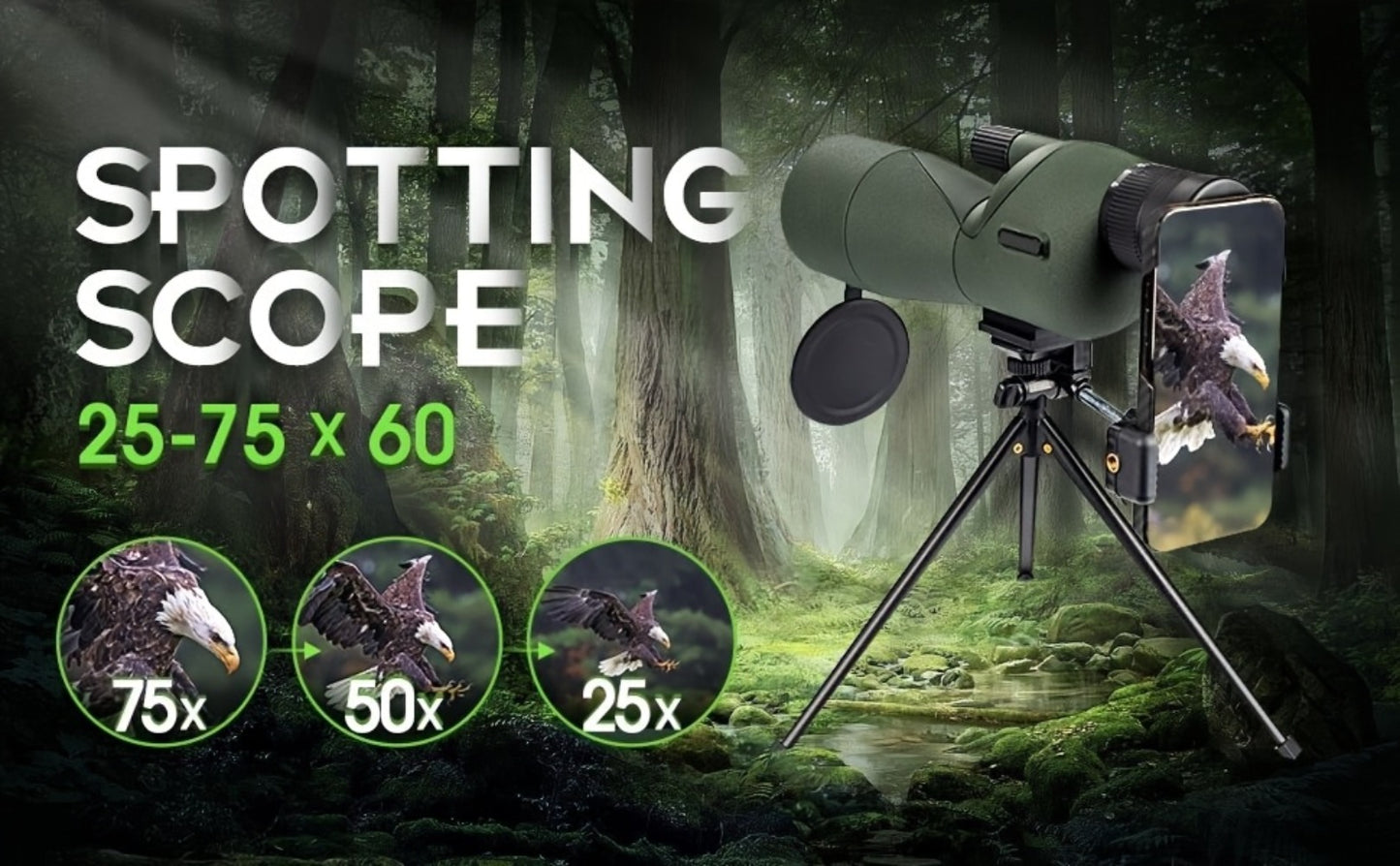 25-75x60 Spotting Scope with Tripod, Carrying Bag & Smartphone Adapter | High-Power Variable Zoom Scope for Target Shooting, Hunting, Bird Watching & Outdoor Sports – Best Gift for Dad
