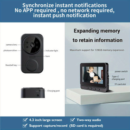 Wireless Video Doorbell Camera No WiFi No App Required 4.3-inch IPS Monitor 960P Night Vision Two-Way Audio Long Battery Life SD Card Storage No Subscription Wall-Mounted Home Security