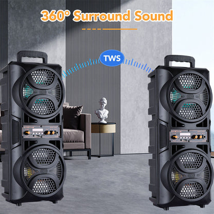 Portable Karaoke Bluetooth Speaker with Wheels & Microphone – Party DJ Sound System Dual 6.5" Woofer LED Lights FM AUX TF USB TWS Rechargeable Outdoor Speaker