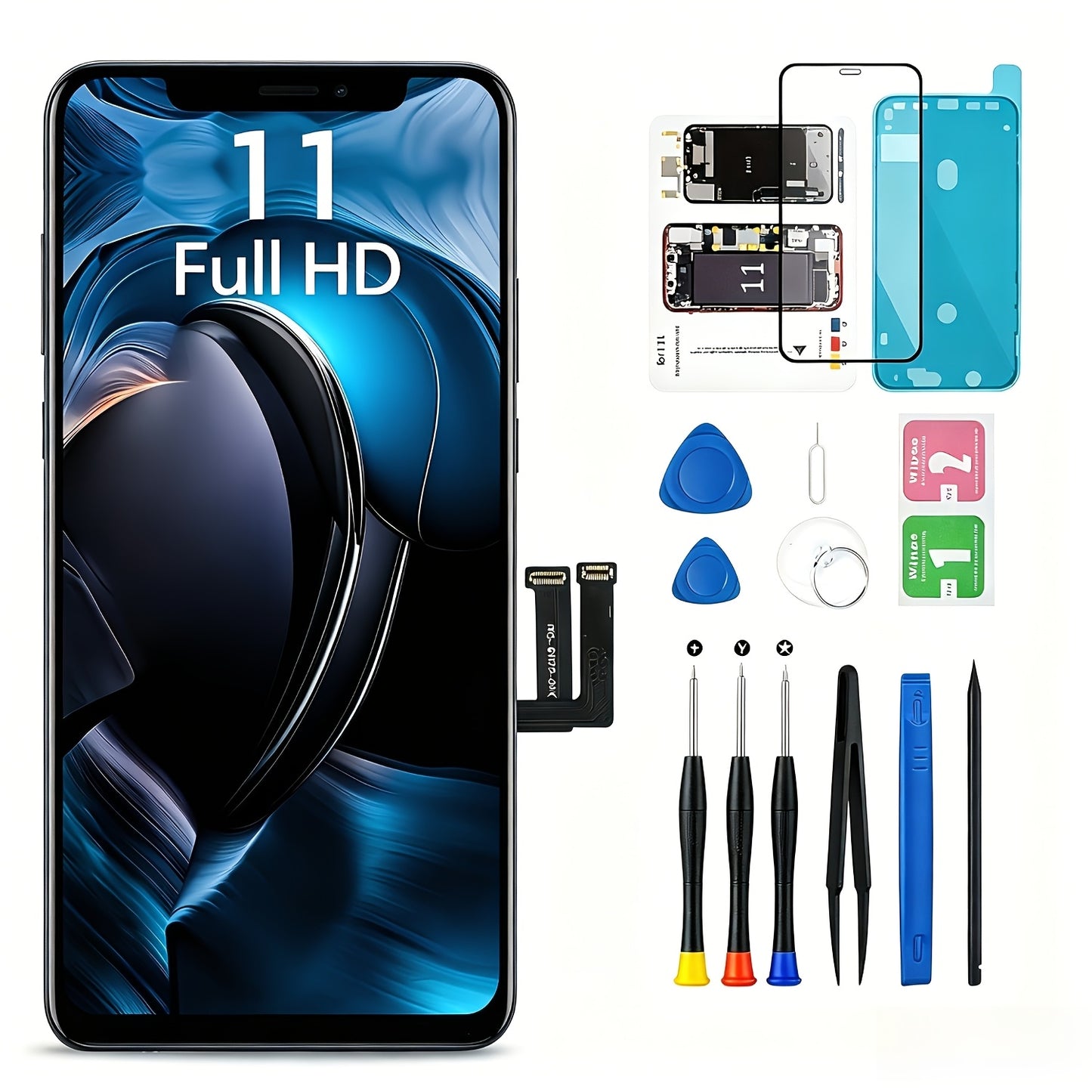 iPhone 11 Screen Replacement Kit LCD Touch Digitizer Assembly 6.1 Inch – DIY Repair Set with Tools Magnetic Screw Mat Tempered Glass Frame Adhesive, Black Display A2111 A2221 A2223 Face ID Compatible