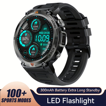 Tactical Smartwatch for Men LED Lighting 1.45 Inch 97% Screen Ratio Bluetooth 5.2 Wireless Calling Outdoor Fitness Tracker Heart Rate Blood Oxygen Sleep Pedometer iPhone Android Silicone Leather Strap Black Orange