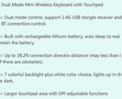Wireless Mini Keyboard with Large Touchpad & 7-Color Backlight – Bluetooth & 2.4G Dual Mode Handheld Keyboard Remote Control, Rechargeable, USB Dongle, Plug and Play for TV Box PC Smart TV