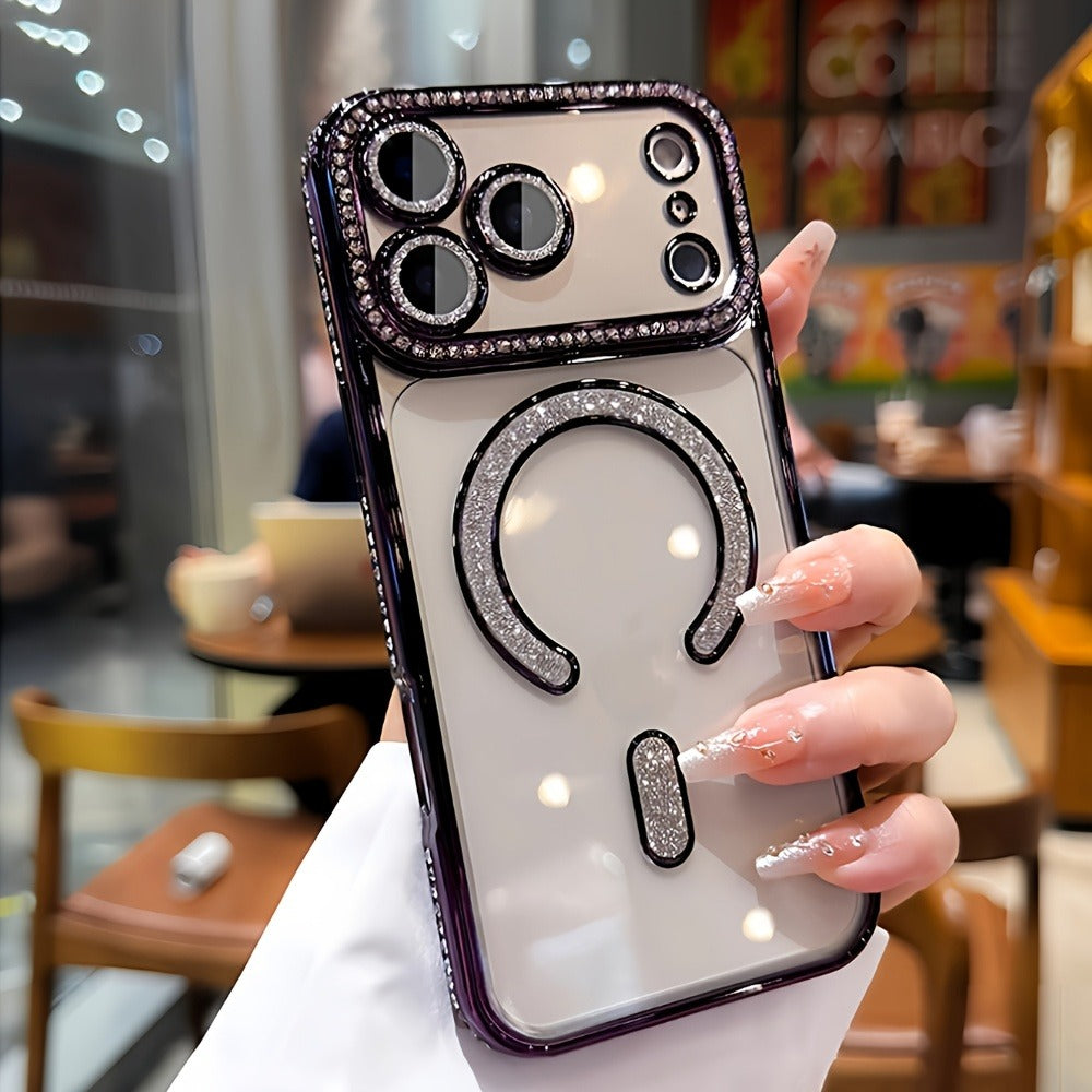 Diamond Side Magnetic iPhone Case for iPhone 17 16 15 14 13 Pro Max Plus Air 16e – Luxury Rhinestone Shiny Electroplated Wireless Charging Supported Protective Cover