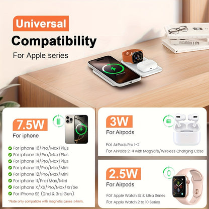 3-in-1 Wireless Charging Station Foldable 15W Fast Charge, Charges iPhone 16 15 14 13 12 Pro Max + Apple Watch Ultra 2 Series 9 8 7 6 5 4 3 2 1 + AirPods 3 2 Pro Simultaneously – Portable Travel Charger
