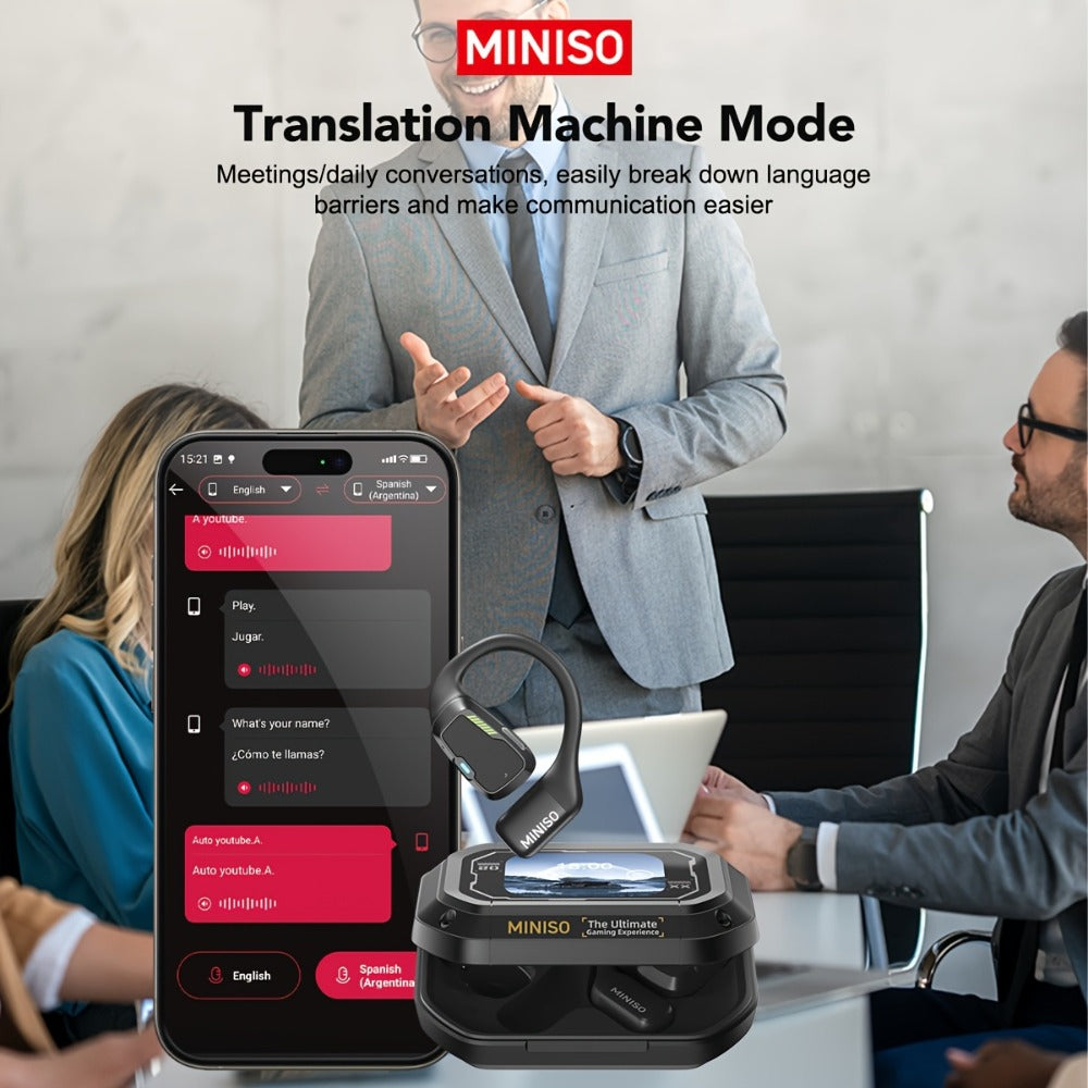 AI Translation Wireless Earbuds Real-Time 135 Languages Open-Ear Design Full-Color Touch Screen Gaming Headset Bluetooth for Travel Business Study iOS Android