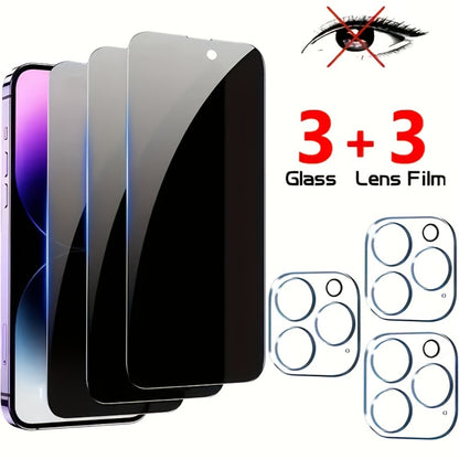 Privacy Screen Protector 6-Pack for iPhone – 3 Anti-Spy 9H Tempered Glass + 3 Camera Lens Protectors, Bubble-Free Full Coverage, Face ID Compatible, iPhone X 11 12 13 14 15 16 Pro Max Plus