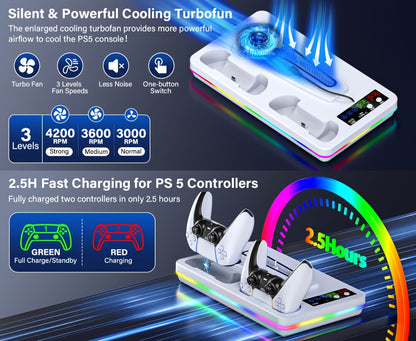PS5 Cooling Stand with Dual Controller Charging Dock – Compatible with PS5/Slim/Pro Standard & Digital Edition, 3-Speed Fan, 10 RGB Lights & USB Hub, PlayStation 5 Gaming Accessories