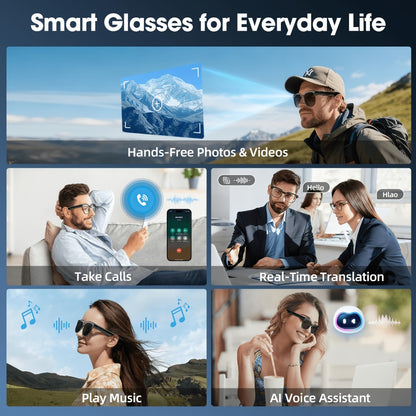 AI Translation Glasses with Camera 8MP HD Video & Photochromic Lenses – Voice Assistant | Object Recognition | Hands-Free Music & Calls | Wireless Smart Eyewear for Travel Business Daily Use | Tech Gift
