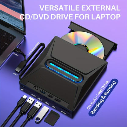 8-in-1 Luminous External CD DVD Drive USB 3.0 & Type-C - Portable CD/DVD±RW Burner Player Hub with 3 USB Ports, TF/SD Card Reader, Compatible with Laptop Desktop PC Windows Linux