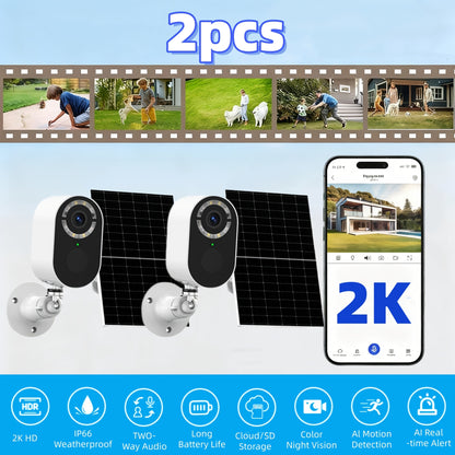 2K Solar Security Camera Outdoor Waterproof with Human Figure Alarm, Color Night Vision, 2-Way Audio, Low-Power WiFi Monitoring – Indoor Outdoor Pet Baby Surveillance Camera, 2.4G Wi-Fi