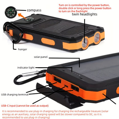 Hiking Solar Power Bank 10000mAh with Compass LED Flashlight & Carabiner Clip – Portable USB Charger for Camping Backpacking Travel Emergency Prep – Works with All Phones, Data Cable & Backpack Hook Included