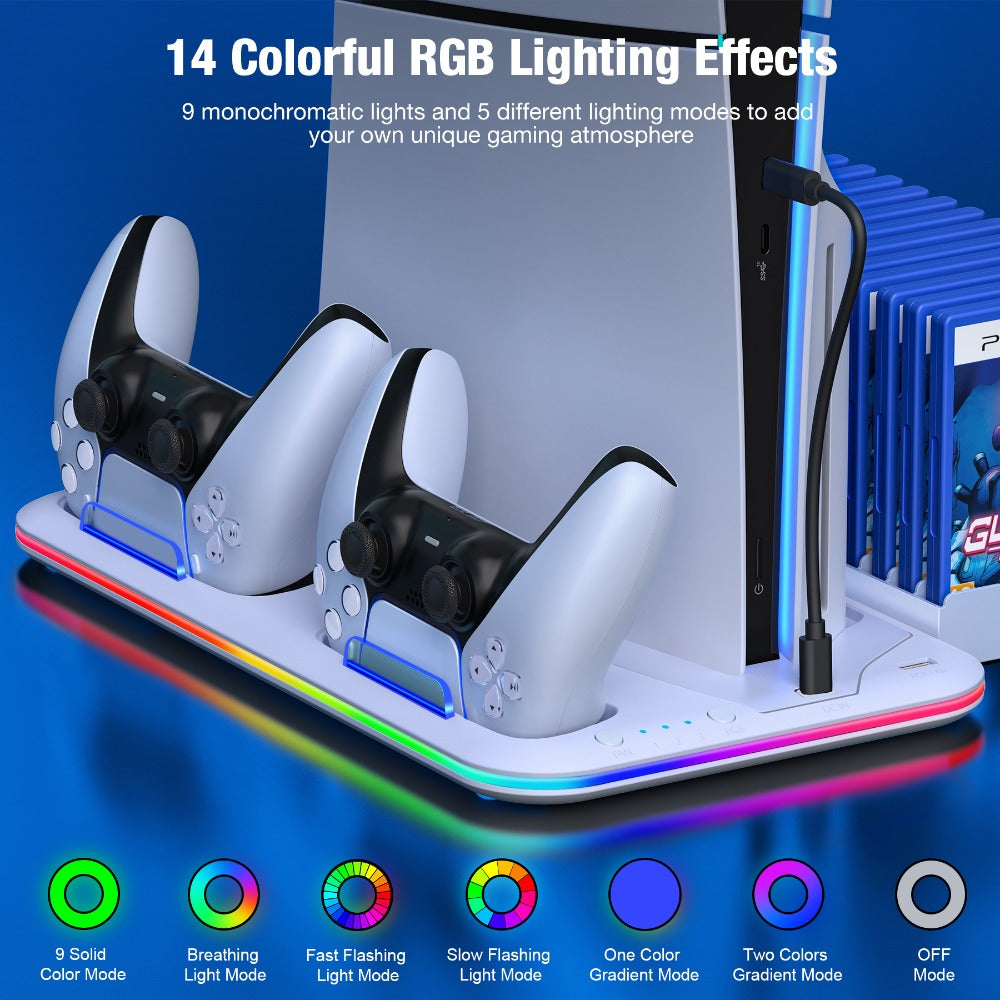 15-Game Storage PS5 Slim Stand with RGB Cooling Fan & Dual Controller Charging Station – Compatible with PS5 Slim Disc & Digital Edition, PlayStation 5 Accessories with RGB Light