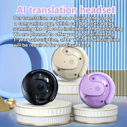 100 Language Real-Time Translation TWS Earphones Coconut Ball Pendant Wireless Earbuds Conference Recording Noise Canceling Mic Touch Control Fast Charging Type-C Free Lanyard for Travel Business