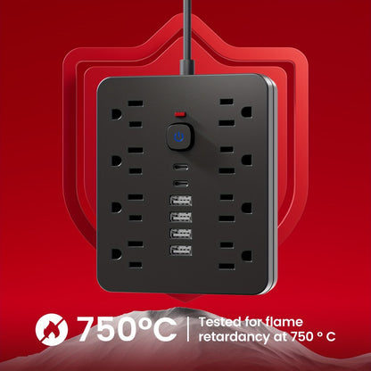 Flat Plug Wall Mount Power Strip 14-in-1 Surge Protector - 8 AC Outlets, 4 USB-A & 2 USB-C Ports, 5ft/10ft Extension Cord, Overload Protection, Desktop Charging for Home Office
