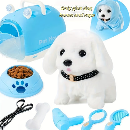 Walking Barking Robot Dog Toy for Adults Teens – Soft Plush Biomimetic Puppy with Expressive Eyes, One-Button Control, Gift Box Option | Desk & Home Companion | Brown White Red