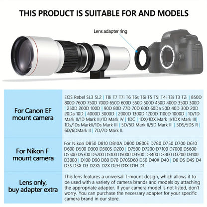 500mm F/8 Manual Focus Telephoto Lens for Canon EF & Nikon F Mount DSLR Cameras - T-Mount Zoom Lens with Adapters, Bird Wildlife Sports Photography