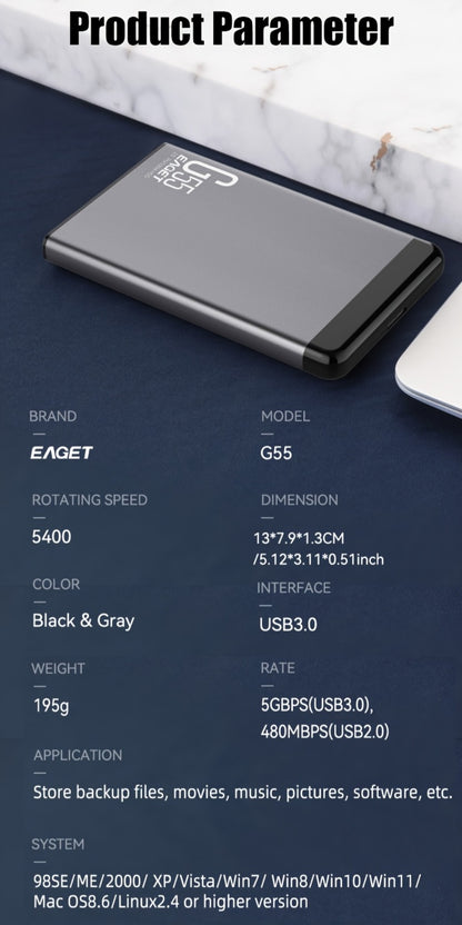 500GB Portable External Hard Drive EAGET G55 – USB High Speed Plug and Play Mechanical HDD for Laptop Desktop PC Mac Game File Video Music Photo Backup Storage