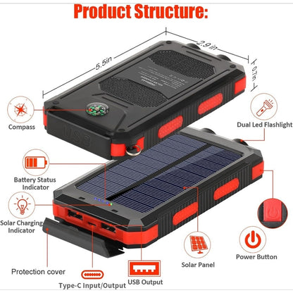Solar Power Bank 20000mAh Outdoor Portable Charger with LED Flashlight SOS Compass & Carabiner Hook – Dual USB Waterproof Battery Pack for Camping Hiking Backpacking Emergency Survival Gear Gift