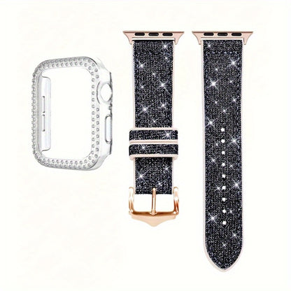 Apple Watch Band with Case Crystal Rhinestone Bling, Chameleon Color-Shift Strap + Shockproof Hard PC Cover, Compatible with Apple Watch Series 1-9 SE Ultra 38mm to 49mm S10 – Rose Gold Black Silver Women
