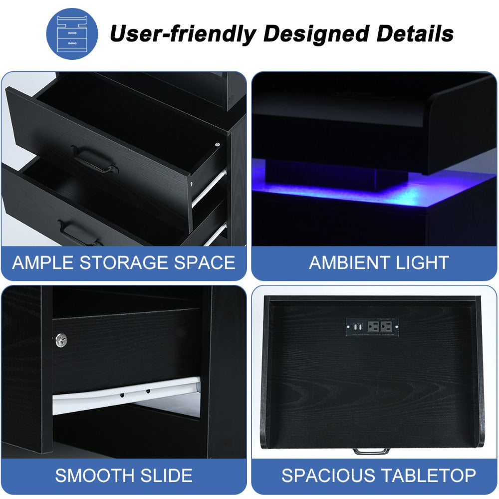 Small Nightstand with USB Charging Station & LED Lights – Compact Bedside Table with Drawer | Under 27 Inch Floor Mount | Dorm Studio Apartment Small Bedroom | Black or White | College Dorm Gift