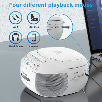 CD Cassette Player Boombox Combo with AM/FM Radio, Remote Control, LCD Display, AUX USB Earphone Jack, AC & Battery Operated, Stereo Sound Home Audio System for Seniors Adults