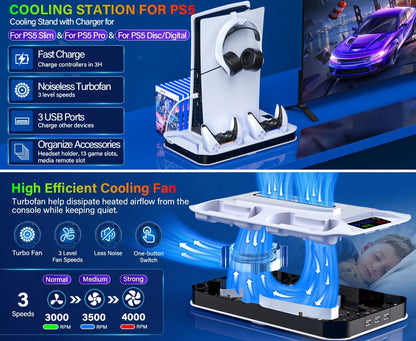 PS5 Pro Slim Cooling Station with Controller Charging Station for PS5/Slim/Pro Standard & Disc/Digital Console, Stand Cooler Accessories with Cooling Fan, 3 USB Hubs, Headset Holder & Screw Included