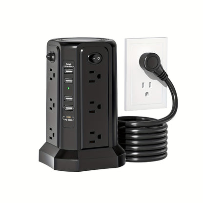 PD18W USB-C Power Strip Tower 21-in-1, 16 AC Outlets & 5 USB Ports, 1500J Surge Protector, Angled Flat Plug, 6ft 13A Extension Cord, Fast Charging Desktop Power Tower for Home Office Dorm – White